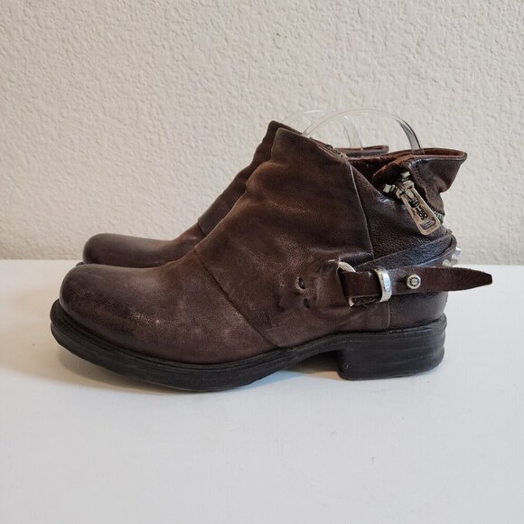 AS 98 Steve Chocolate Brown Leather Studded Moto Zip Buckle Booties 36/5.5-6 - Picture 7 of 11